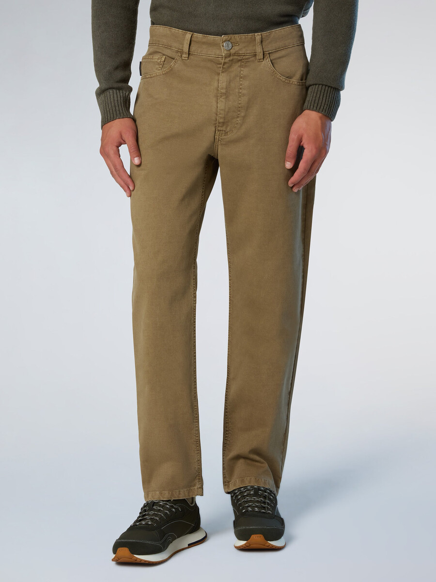 calça de sarja quebrada com 5 bolsos