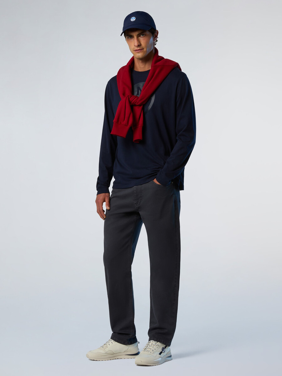 calça de sarja quebrada com 5 bolsos